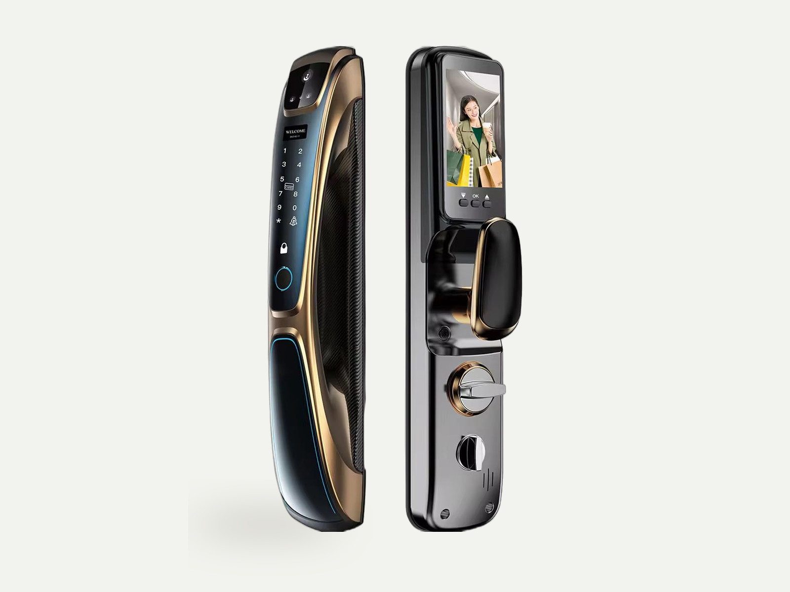 The smart lock keypad, lit for entry after dark