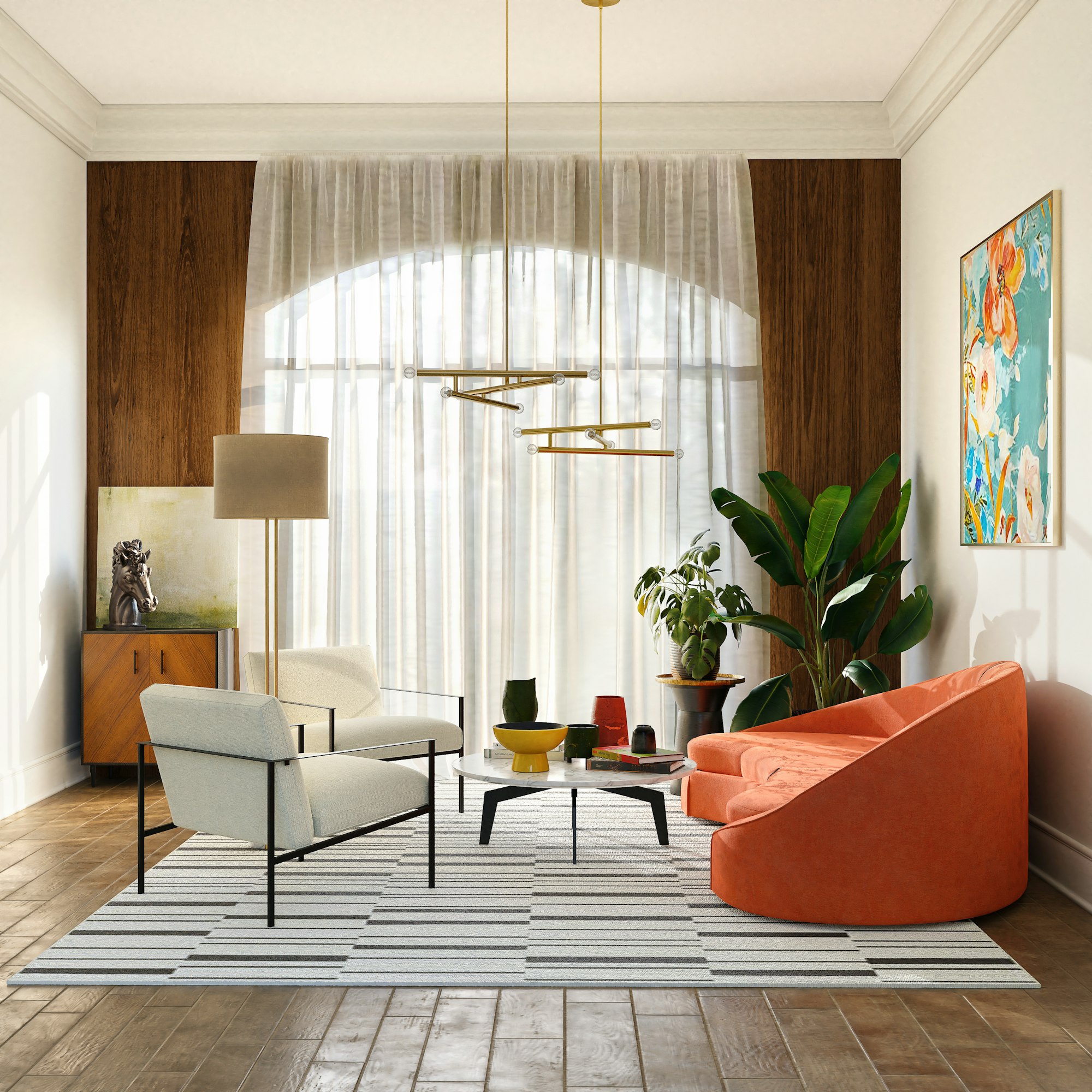 A bright living room with sheer white curtains across an arched window